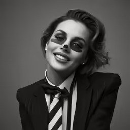 a woman in a suit is smiling for a photo