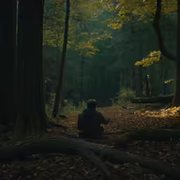 man sitting alone in a dark forest area