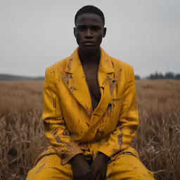 the young man is sitting in front of a field