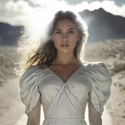 a woman in a white dress on the road
