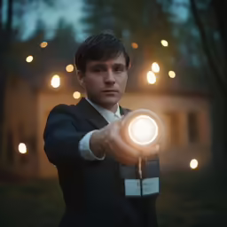 a young man in a suit pointing a flashlight at something