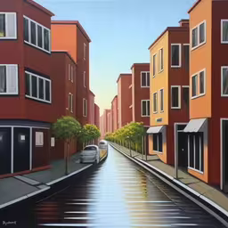 painting of a city street with row houses
