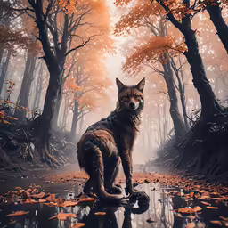 a wolf is sitting on the ground in a wooded area