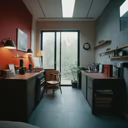 a kitchen with a stove and some cupboards on the wall