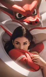 a woman in red dress laying in an odd shaped bed