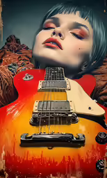 an image of a woman with her face near an electric guitar