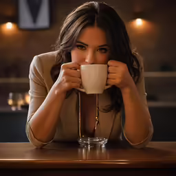 a young woman sits at a table holding up a mug