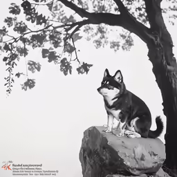 a dog sitting on a rock in front of a tree