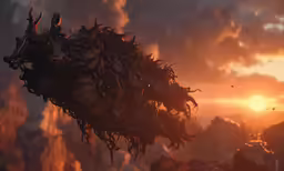 a massive monster in front of a huge mountain sunset