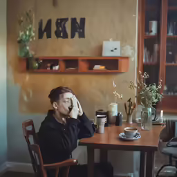 woman in a black jacket is sitting at a table