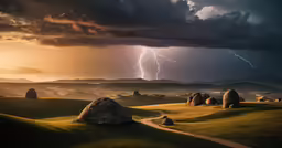 a lightning strikes over an expansive grassy hill