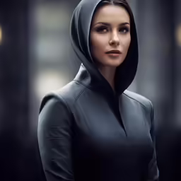 a woman in black jacket and hood posing