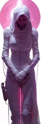 a cartoon illustration of a woman in space suit with pink light coming from behind,a futuristic person holding a light saber with a light pink glow on her face
