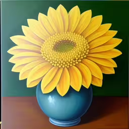 a painting of a blue vase with a yellow sunflower,a painting of a blue vase with a bright yellow sunflower