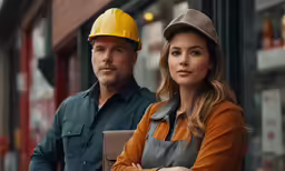 two people standing outside near a building with a yellow hat on