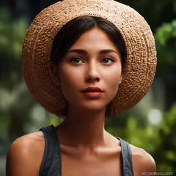 a young woman poses for a portrait while wearing a large straw hat