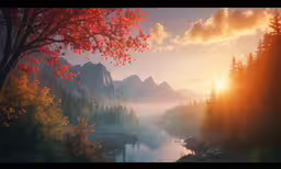 a mountain scene is shown with a sunrise