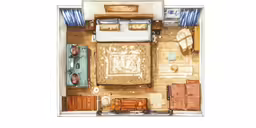 a plan of a tiny bedroom with wood flooring