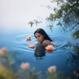 there is a woman in the water with flowers floating around