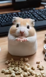 a small hamster is resting its front paws on top of a wooden surface