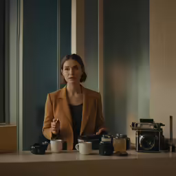 a woman in a business suit is sitting behind the counter of her office