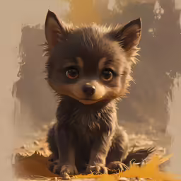 a small puppy is sitting in a pile of dry grass