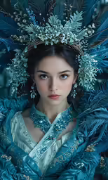 a beautiful woman wearing blue attire and feathers