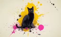 a cat sitting with paint splatters on its body