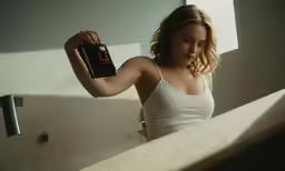 a woman holding a radio standing next to a sink