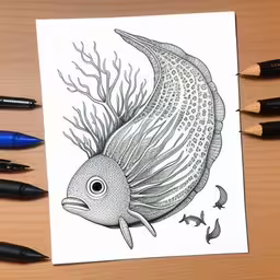 an ink drawing of a fish is shown