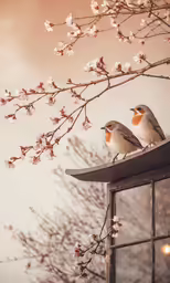 three birds are sitting on a ledge next to the tree