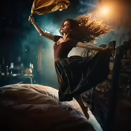 woman in dress dancing on bed at night