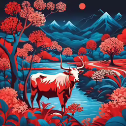 a painting of a bull stands in a river