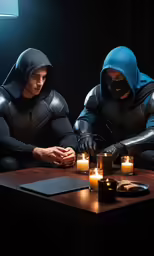 two people wearing black sit at a table