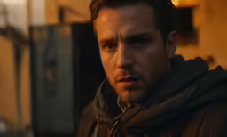 a man in a coat stares straight ahead