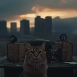 a cat sitting on a table with luggage behind it