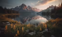 the sky is setting over a mountain lake