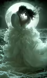 a couple in a white dress and the moon is in the background