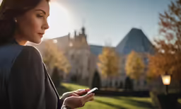 a beautiful woman using her phone in the evening