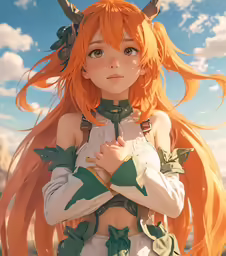 a young woman with orange hair and horns