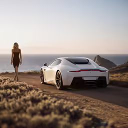 a person standing next to an all white sports car on a hill near water