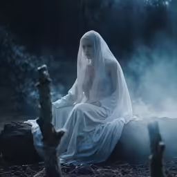 a young woman dressed as a ghost in the woods