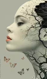 a woman has her head covered in tree branches