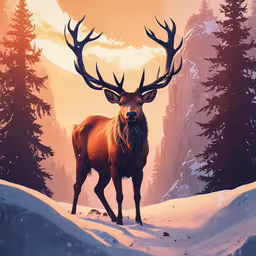 a red deer stands alone on a snowy field,a large deer standing in the snow looking at a sunset