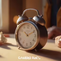 an alarm clock sits in the foreground, with a small figure of a boy and woman nearby