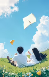 two people are sitting on the grass while one of them is flying a kite