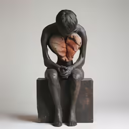 the torso of a man sitting on top of a piece of wood