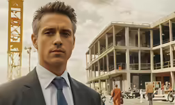 a man in a suit and tie stands near a building under construction