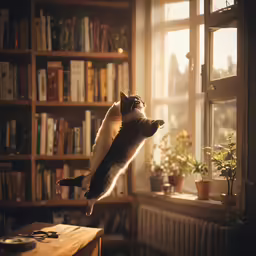 the cat is jumping off a book shelf