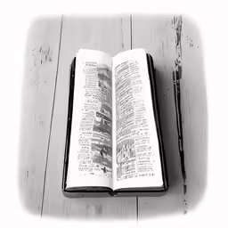 an open bible laying on top of a wooden table